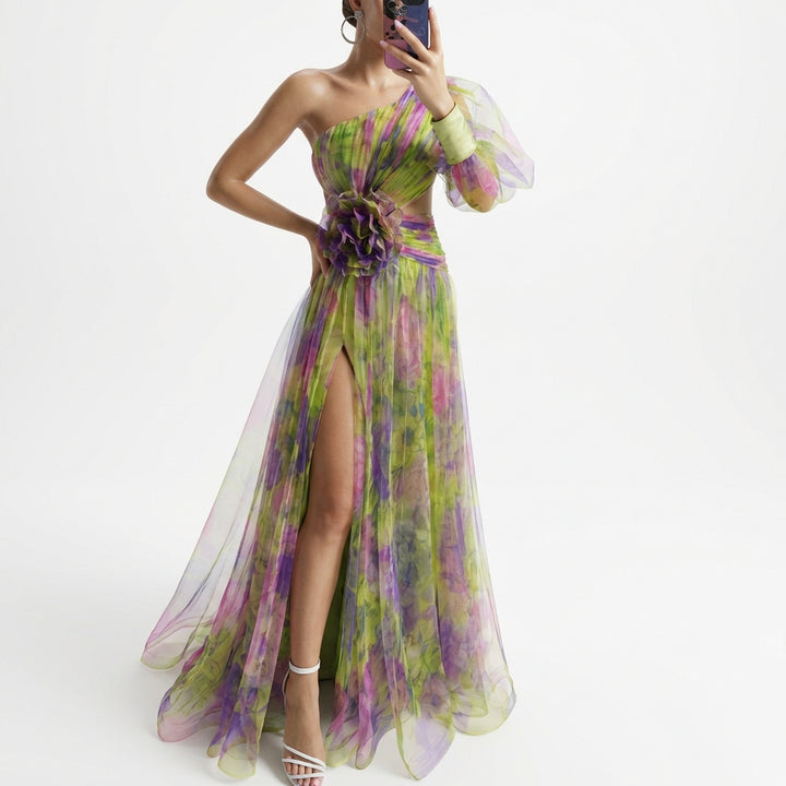 Mesh Tie-dye Printed Off-shoulder Slit Dress Summer INS Fashion Long Dress Party Womens Clothing