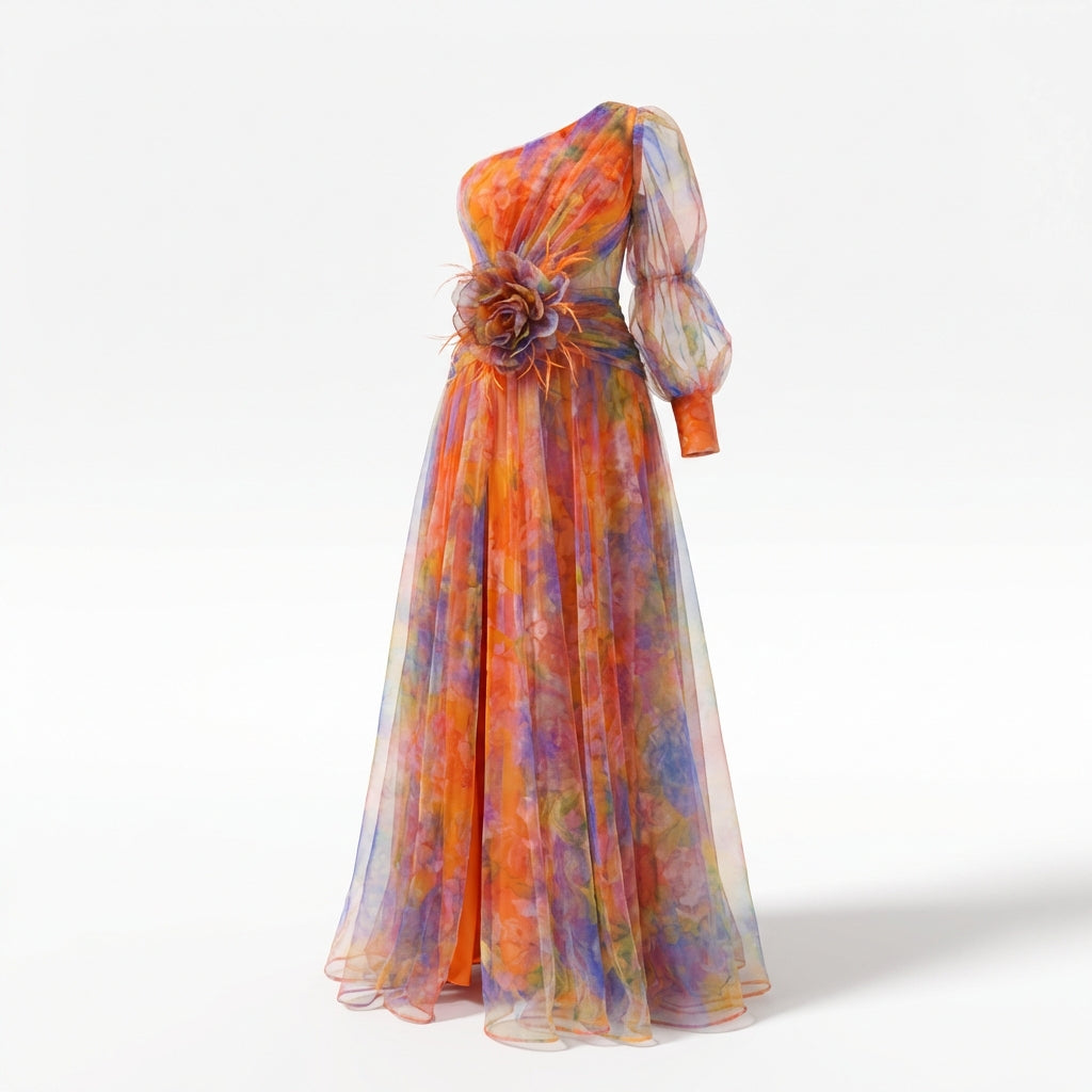 Mesh Tie-dye Printed Off-shoulder Slit Dress Summer INS Fashion Long Dress Party Womens Clothing