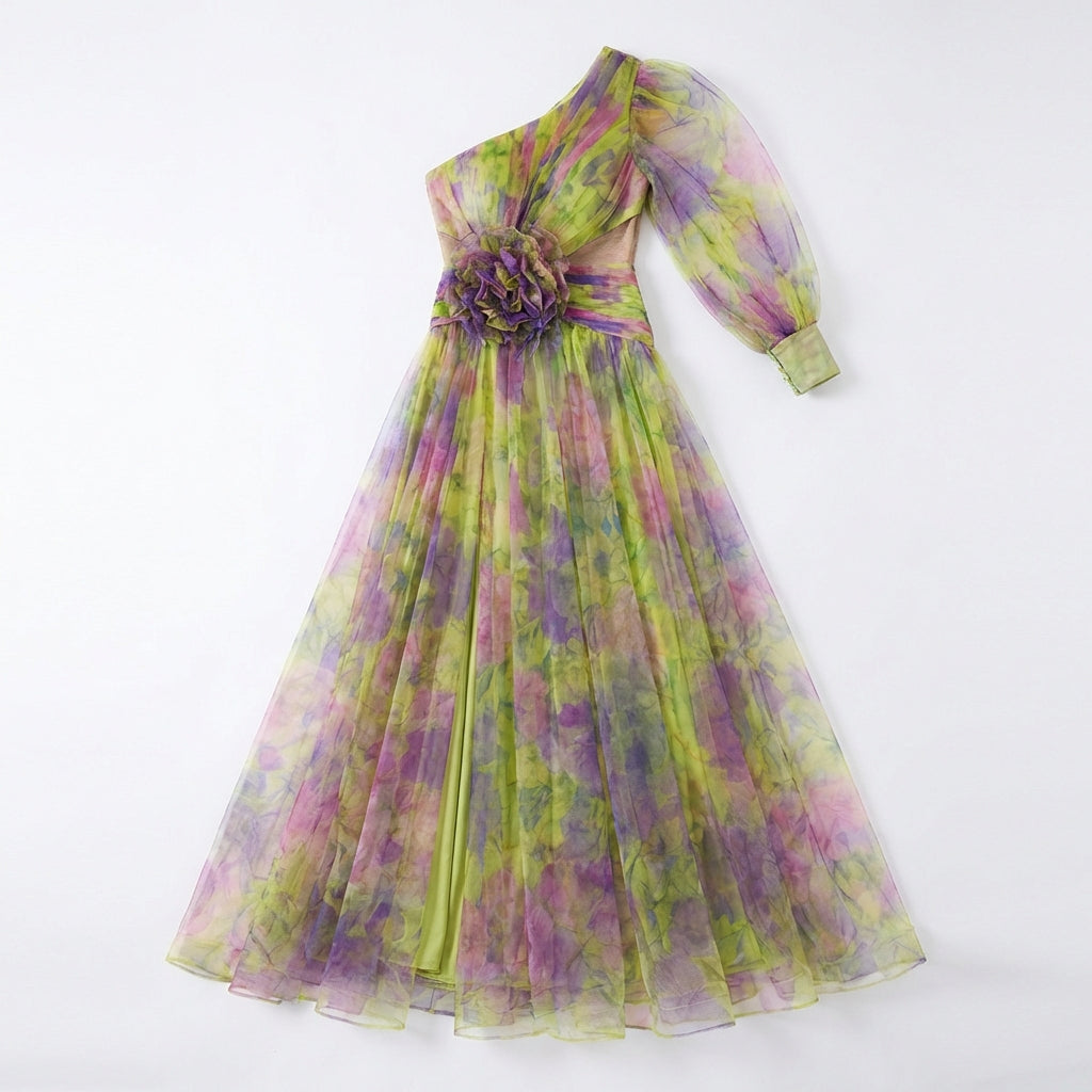 Mesh Tie-dye Printed Off-shoulder Slit Dress Summer INS Fashion Long Dress Party Womens Clothing