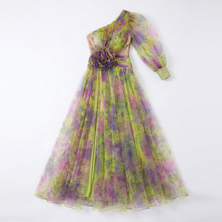 Mesh Tie-dye Printed Off-shoulder Slit Dress Summer INS Fashion Long Dress Party Womens Clothing