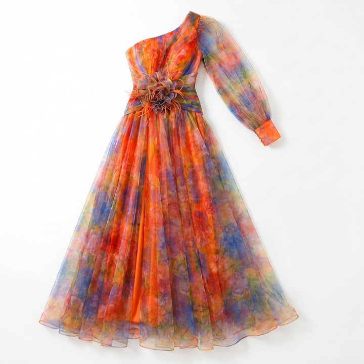 Mesh Tie-dye Printed Off-shoulder Slit Dress Summer INS Fashion Long Dress Party Womens Clothing