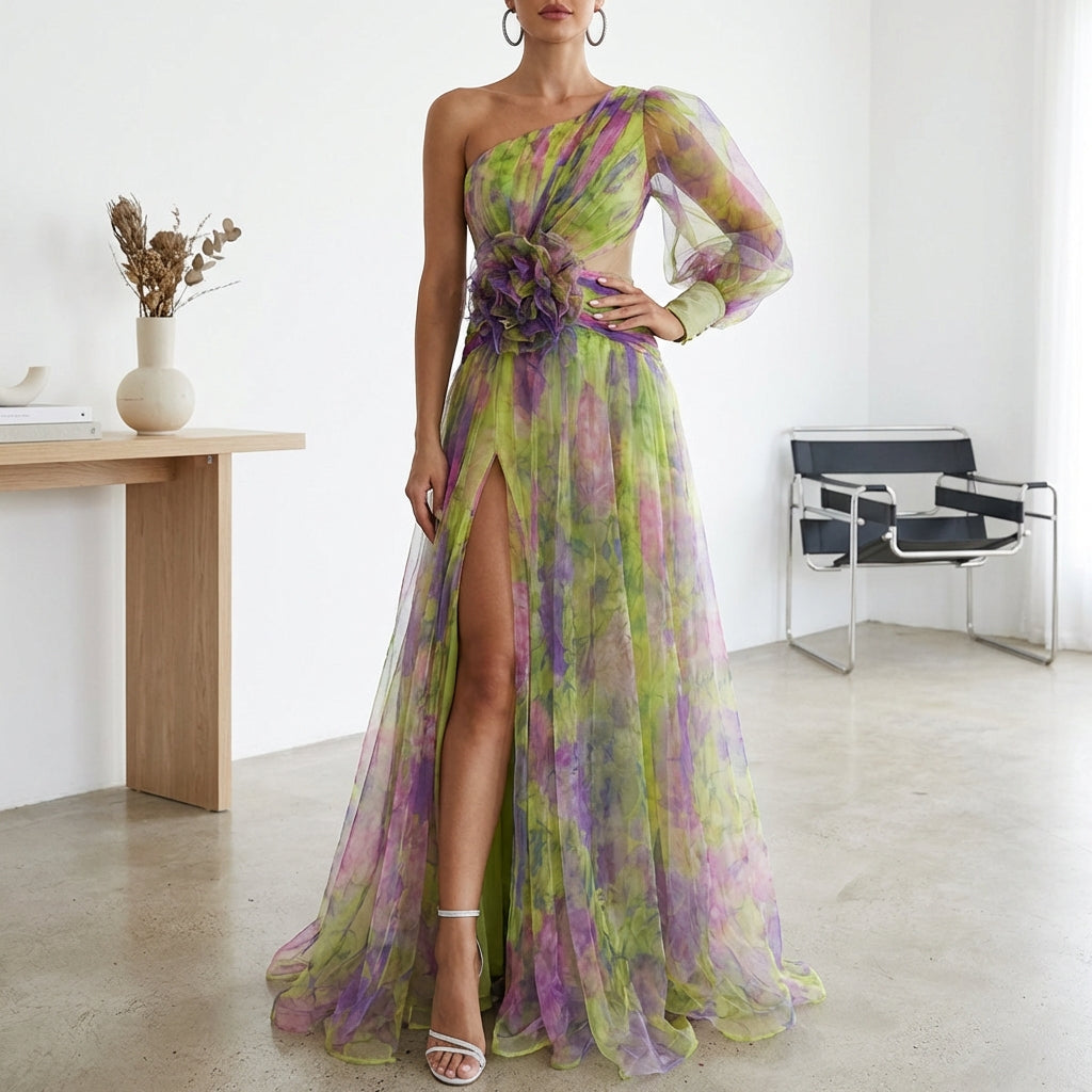 Mesh Tie-dye Printed Off-shoulder Slit Dress Summer INS Fashion Long Dress Party Womens Clothing