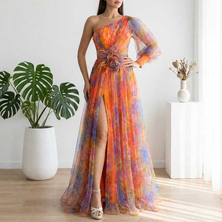 Mesh Tie-dye Printed Off-shoulder Slit Dress Summer INS Fashion Long Dress Party Womens Clothing