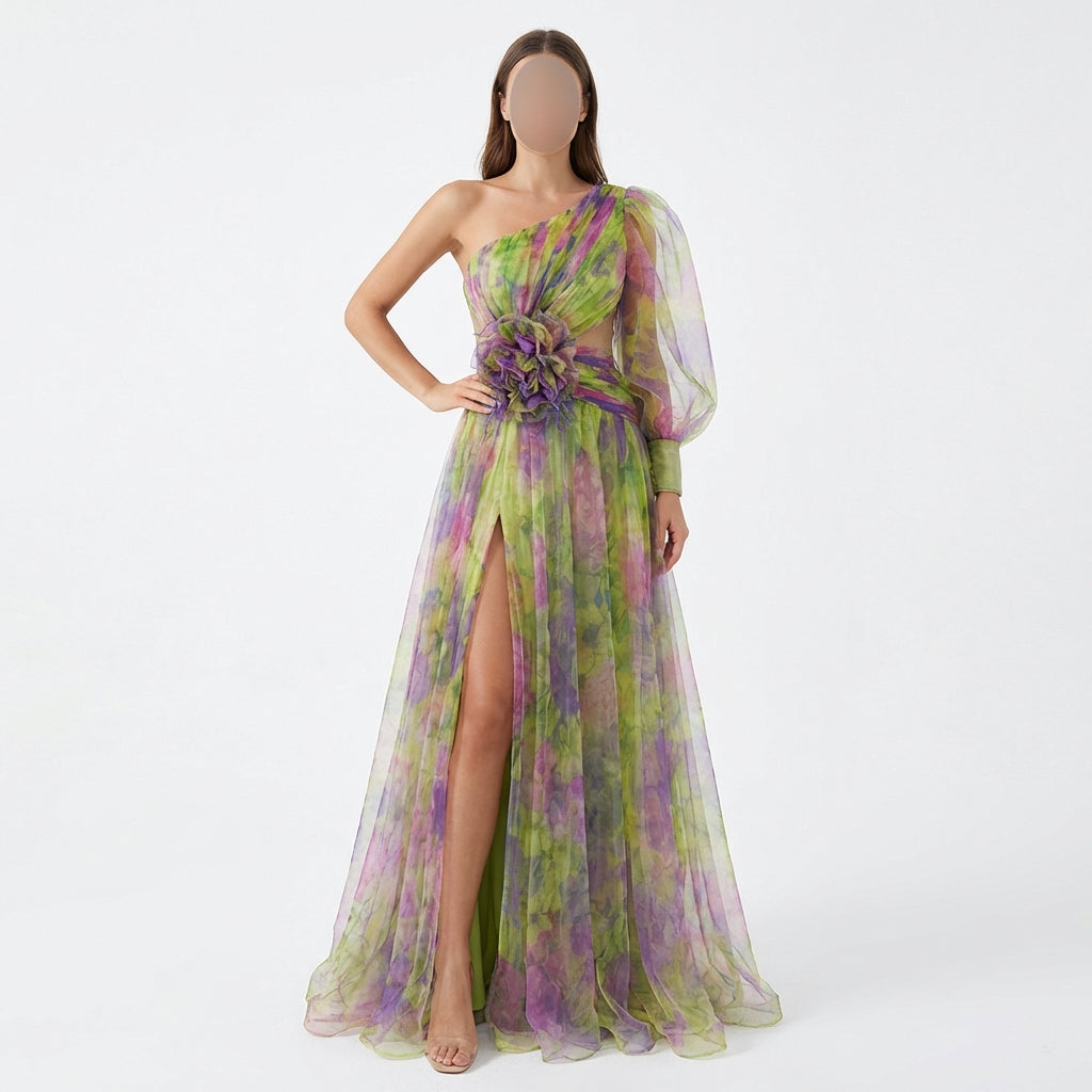 Mesh Tie-dye Printed Off-shoulder Slit Dress Summer INS Fashion Long Dress Party Womens Clothing