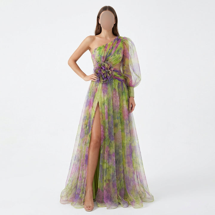 Mesh Tie-dye Printed Off-shoulder Slit Dress Summer INS Fashion Long Dress Party Womens Clothing