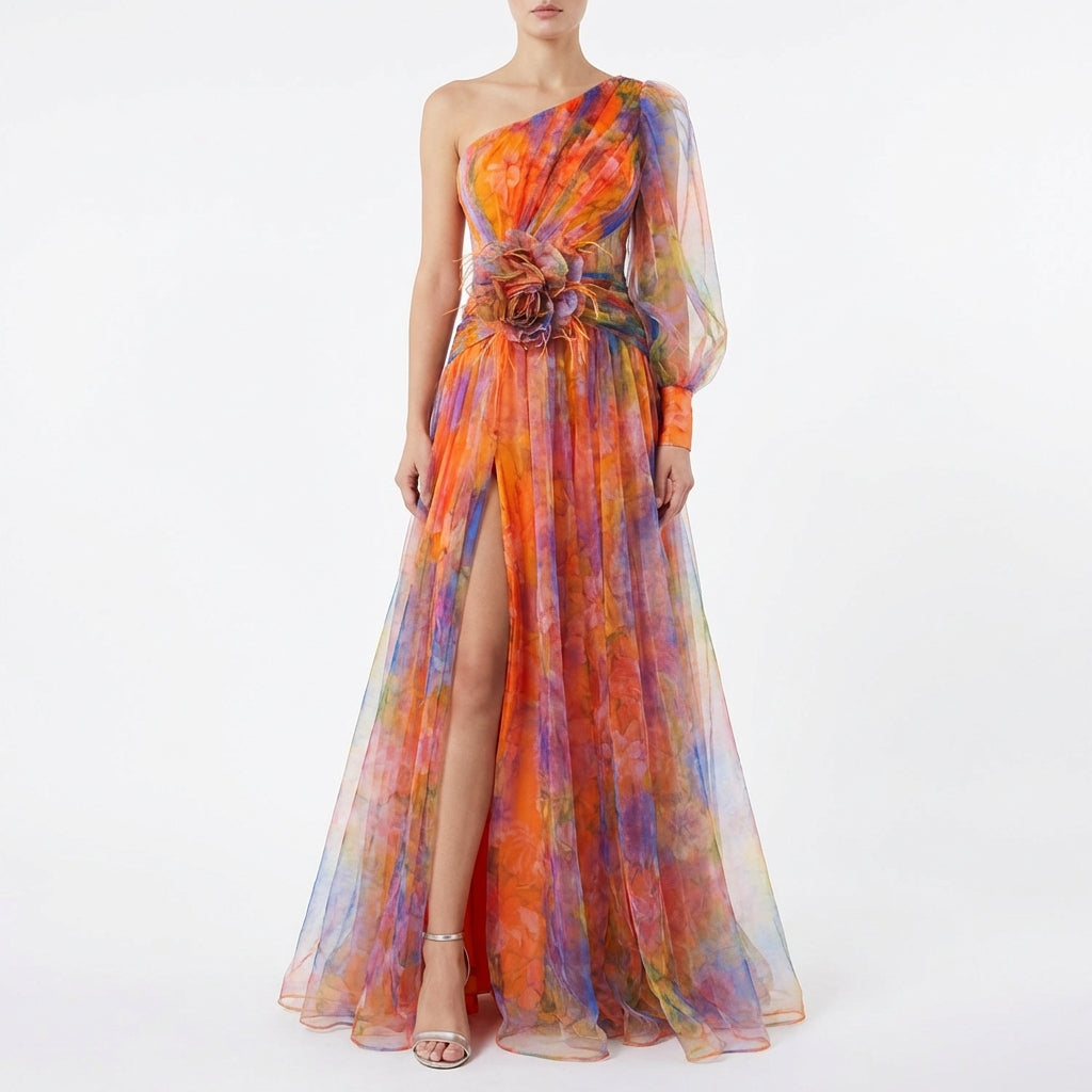 Mesh Tie-dye Printed Off-shoulder Slit Dress Summer INS Fashion Long Dress Party Womens Clothing