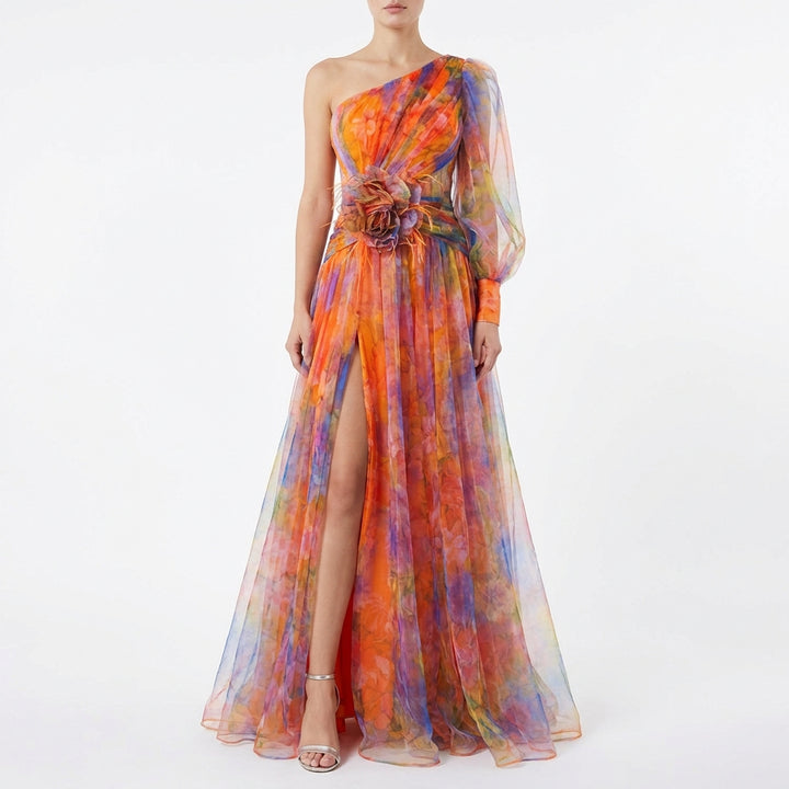 Mesh Tie-dye Printed Off-shoulder Slit Dress Summer INS Fashion Long Dress Party Womens Clothing