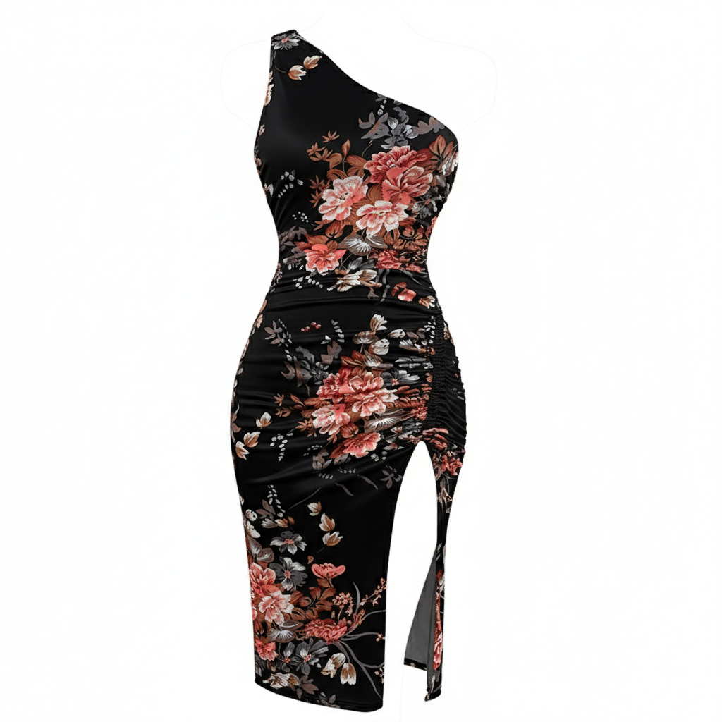 Women’s One Shoulder Bodycon Dresses Summer Ruched High Split Floral Beach Cocktail Wedding Guest Dress