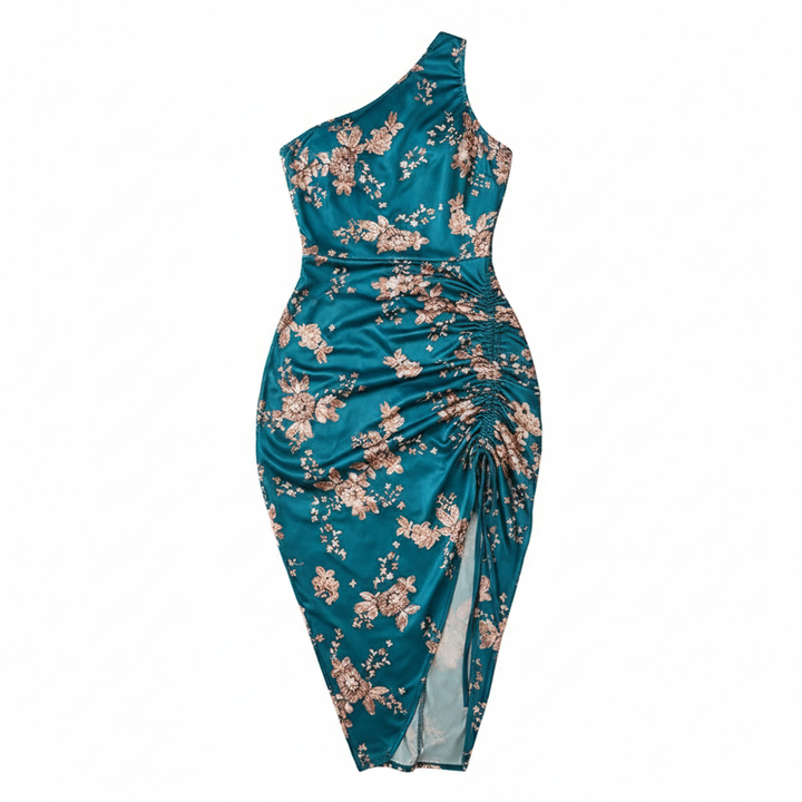 Women’s One Shoulder Bodycon Dresses Summer Ruched High Split Floral Beach Cocktail Wedding Guest Dress