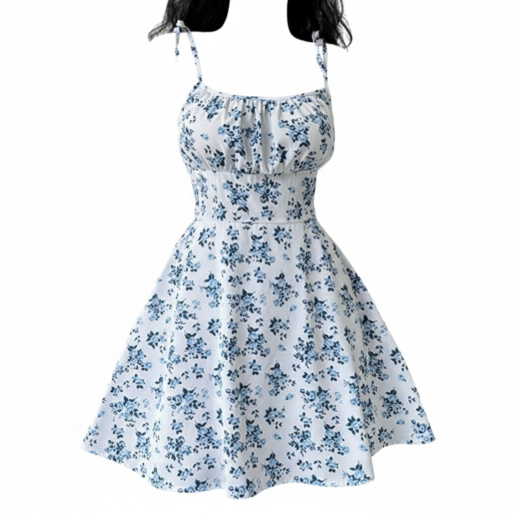 Boho Floral Tie-Shoulder Mini Dress – Summer A-Line Style