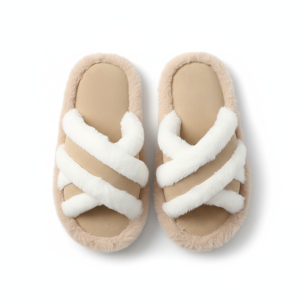 Fluffy Slippers Cross Strap Stitching Warm Casual Platform Slippers
