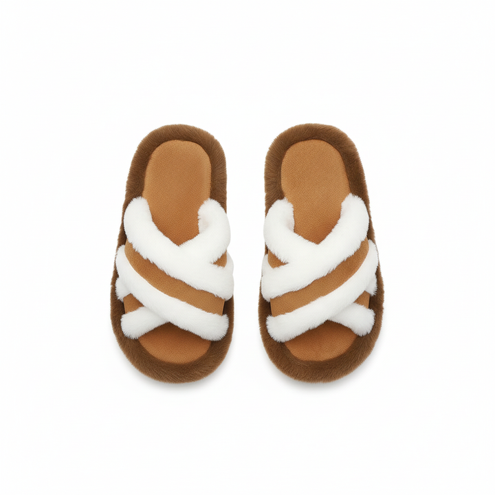 Fluffy Slippers Cross Strap Stitching Warm Casual Platform Slippers