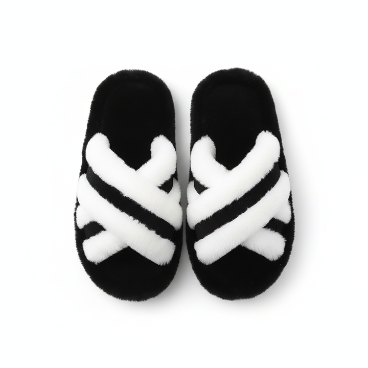 Fluffy Slippers Cross Strap Stitching Warm Casual Platform Slippers