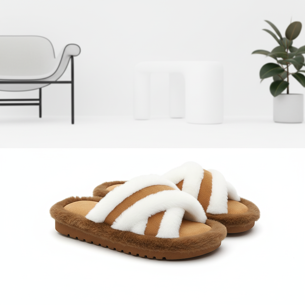 Fluffy Slippers Cross Strap Stitching Warm Casual Platform Slippers