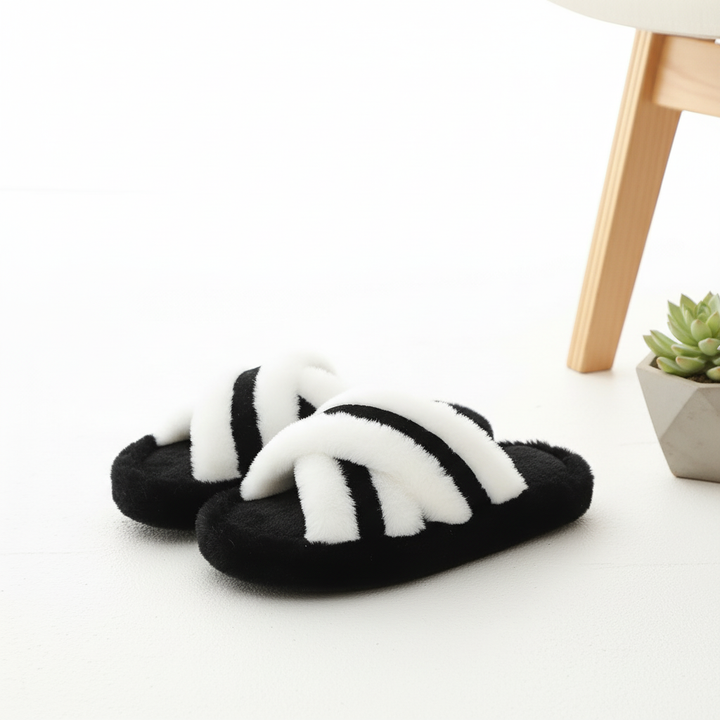 Fluffy Slippers Cross Strap Stitching Warm Casual Platform Slippers
