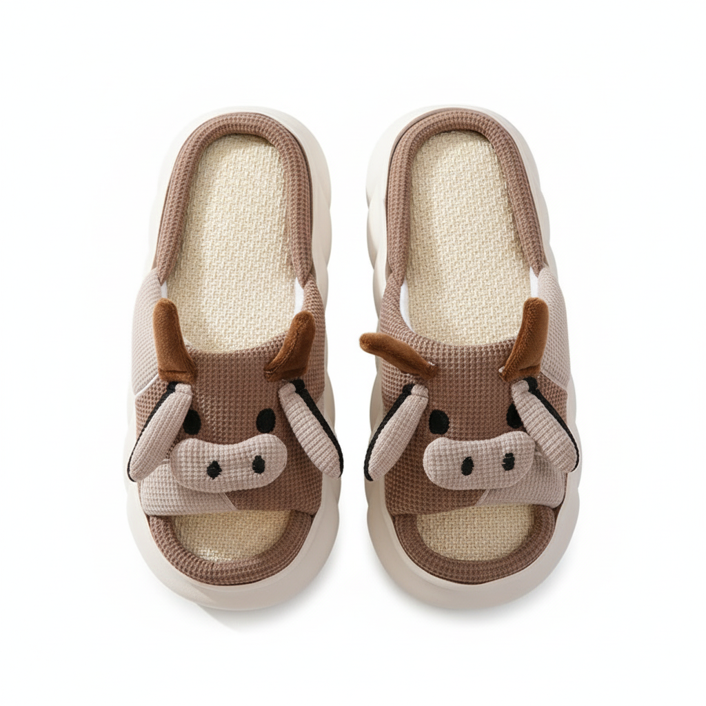 Cute Cartoon Cow Frog Slippers Linen Non-slip Shoes Indoor Garden Home Slippers