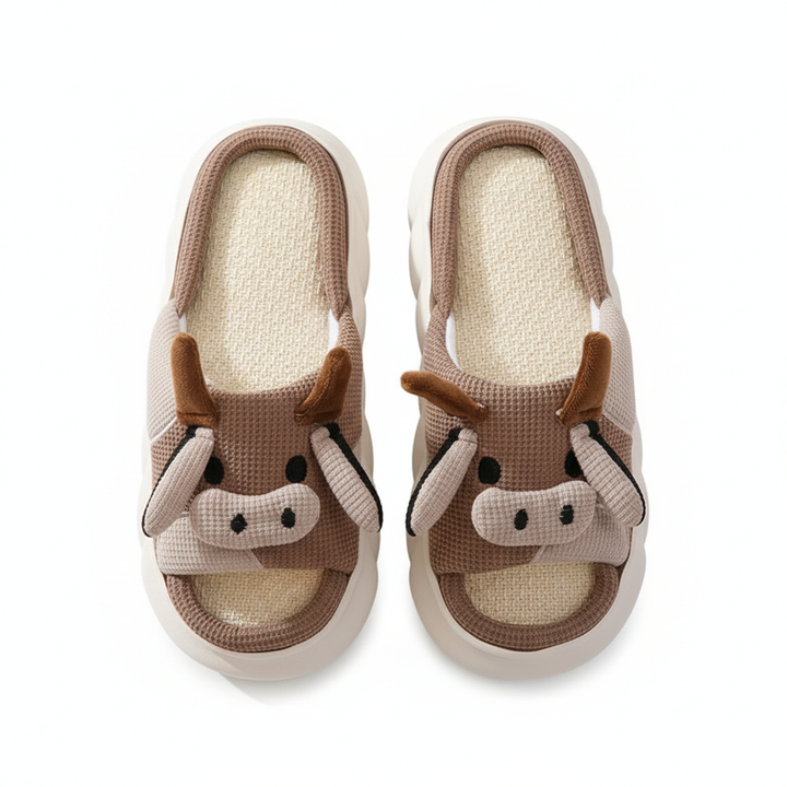 Cute Cartoon Cow Frog Slippers Linen Non-slip Shoes Indoor Garden Home Slippers