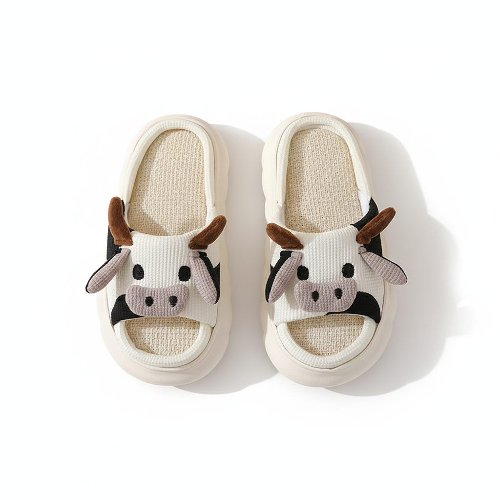 Cute Cartoon Cow Frog Slippers Linen Non-slip Shoes Indoor Garden Home Slippers