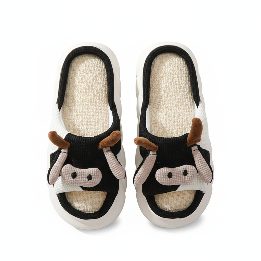 Cute Cartoon Cow Frog Slippers Linen Non-slip Shoes Indoor Garden Home Slippers
