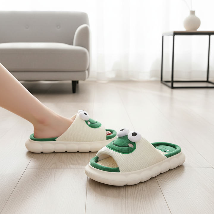 Cute Cartoon Cow Frog Slippers Linen Non-slip Shoes Indoor Garden Home Slippers