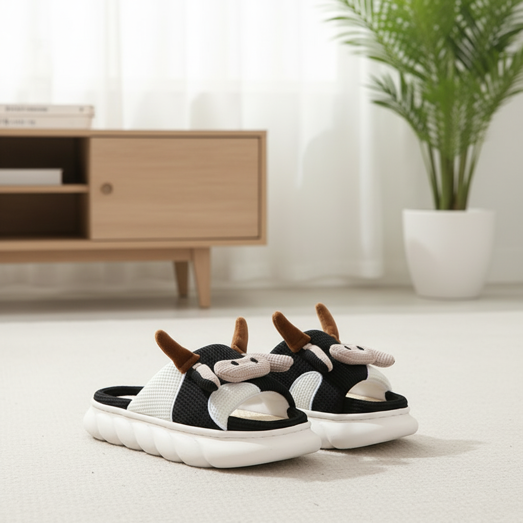 Cute Cartoon Cow Frog Slippers Linen Non-slip Shoes Indoor Garden Home Slippers