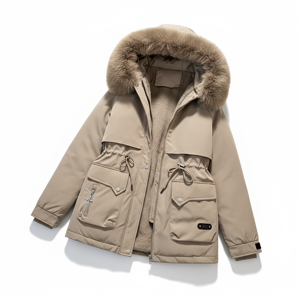 Fur Collar Fashionable All-matching Jacket Hooded Warm Cotton-padded Coat