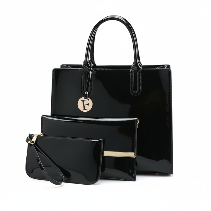 Women’s 3-Piece Patent Leather Handbag Set – Tote Bag, Shoulder Bag & Wristlet