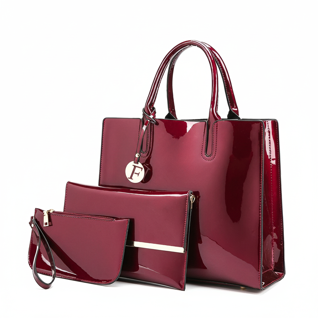 Women’s 3-Piece Patent Leather Handbag Set – Tote Bag, Shoulder Bag & Wristlet