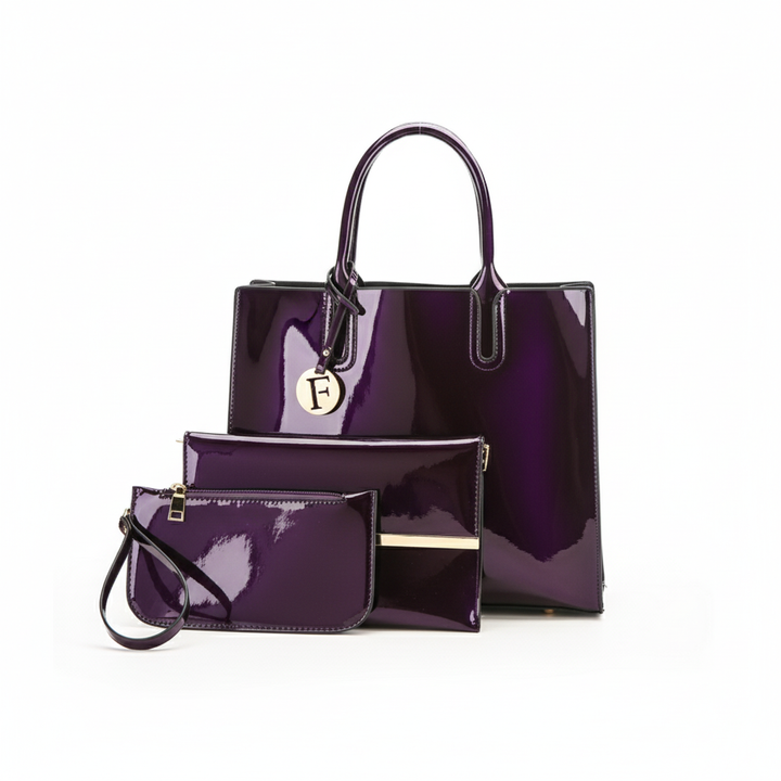 Women’s 3-Piece Patent Leather Handbag Set – Tote Bag, Shoulder Bag & Wristlet