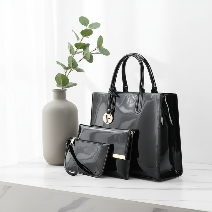 Women’s 3-Piece Patent Leather Handbag Set – Tote Bag, Shoulder Bag & Wristlet