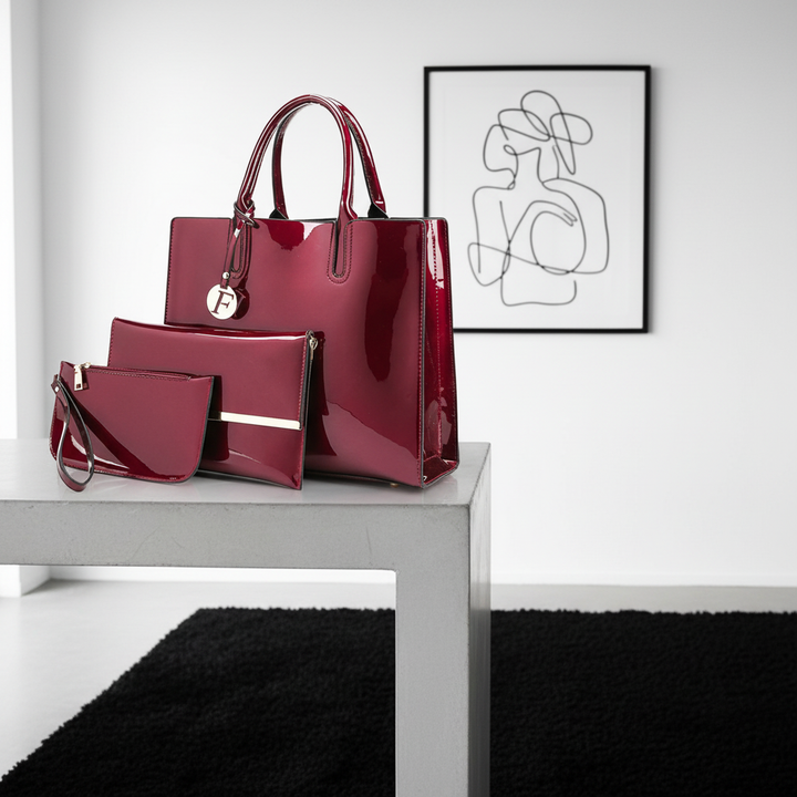 Women’s 3-Piece Patent Leather Handbag Set – Tote Bag, Shoulder Bag & Wristlet