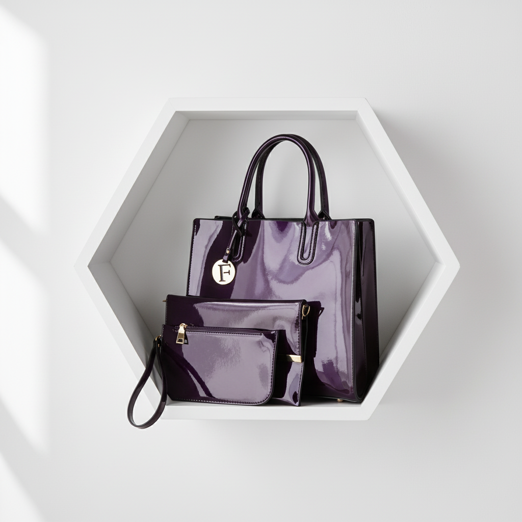 Women’s 3-Piece Patent Leather Handbag Set – Tote Bag, Shoulder Bag & Wristlet