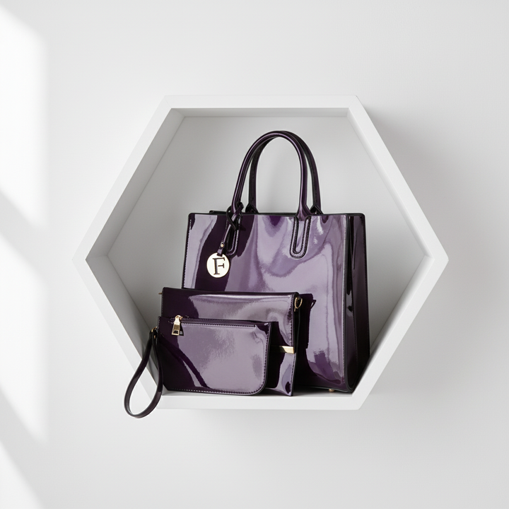 Women’s 3-Piece Patent Leather Handbag Set – Tote Bag, Shoulder Bag & Wristlet