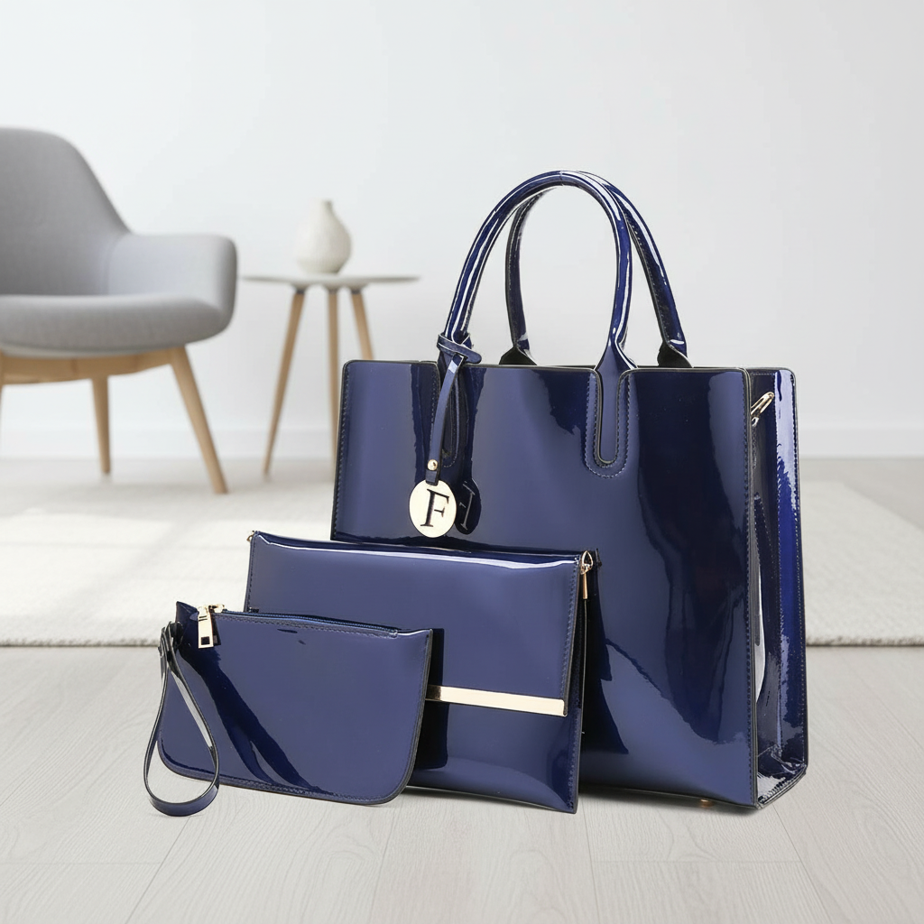 Women’s 3-Piece Patent Leather Handbag Set – Tote Bag, Shoulder Bag & Wristlet