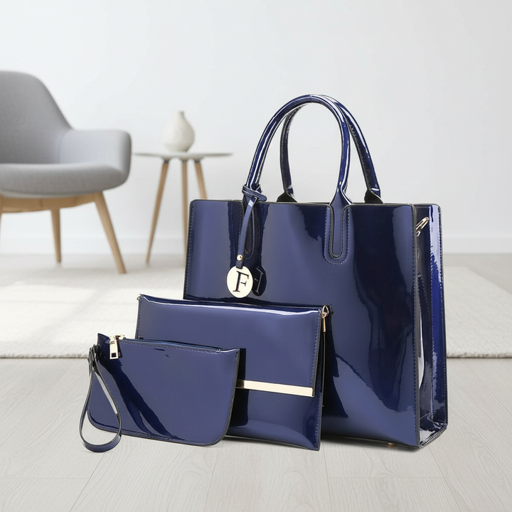 Women’s 3-Piece Patent Leather Handbag Set – Tote Bag, Shoulder Bag & Wristlet