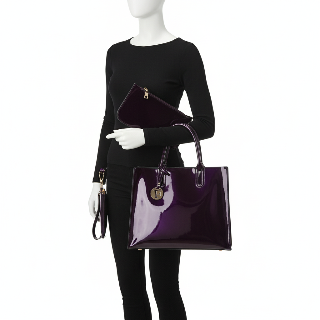 Women’s 3-Piece Patent Leather Handbag Set – Tote Bag, Shoulder Bag & Wristlet