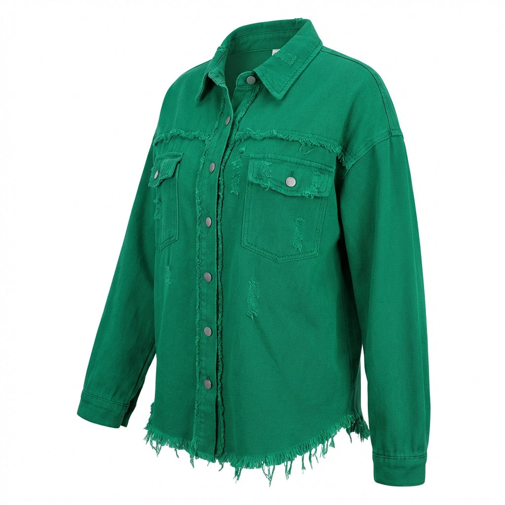 Women's Oversized Ripped Shacket – Casual Distressed Shirt Jacket for Fall & Spring