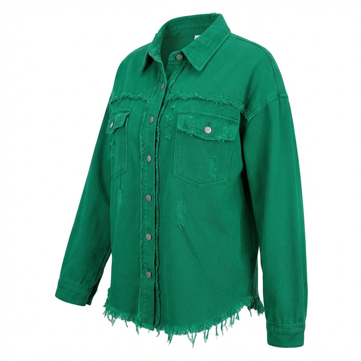 Women's Oversized Ripped Shacket – Casual Distressed Shirt Jacket for Fall & Spring