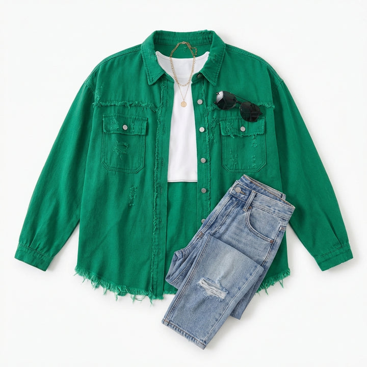 Women's Oversized Ripped Shacket – Casual Distressed Shirt Jacket for Fall & Spring