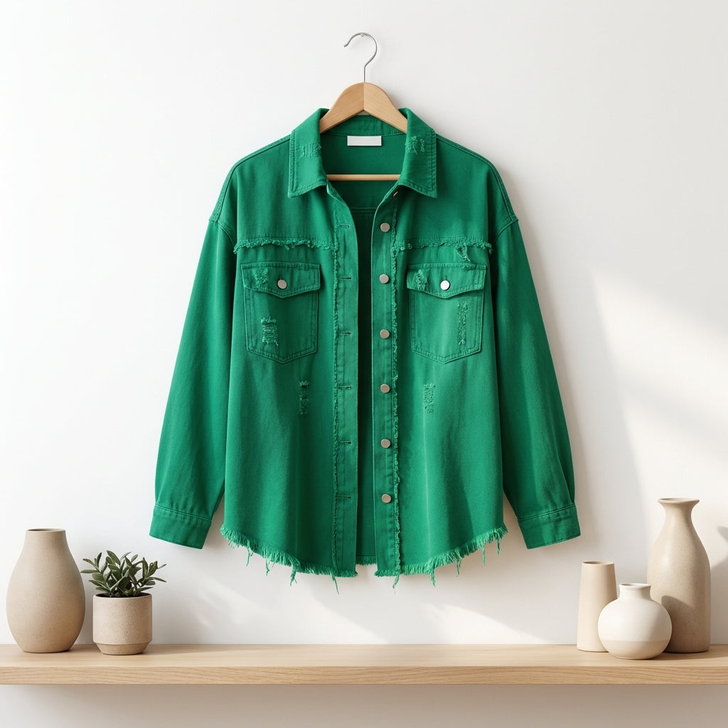 Women's Oversized Ripped Shacket – Casual Distressed Shirt Jacket for Fall & Spring