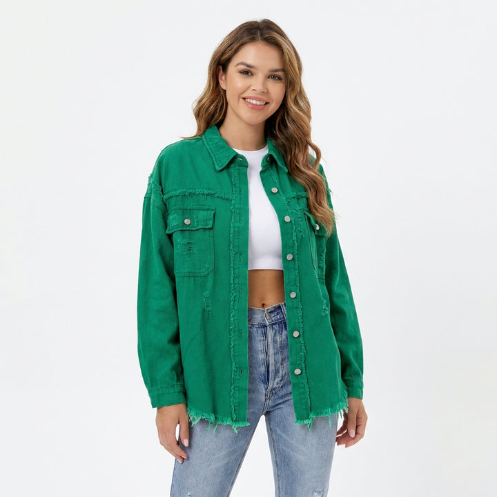 Women's Oversized Ripped Shacket – Casual Distressed Shirt Jacket for Fall & Spring