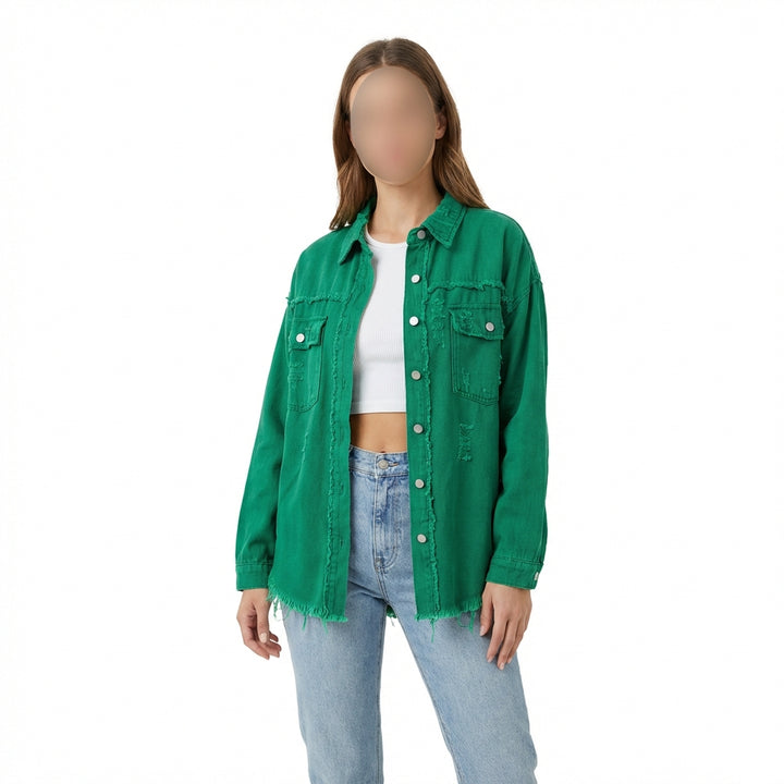 Women's Oversized Ripped Shacket – Casual Distressed Shirt Jacket for Fall & Spring