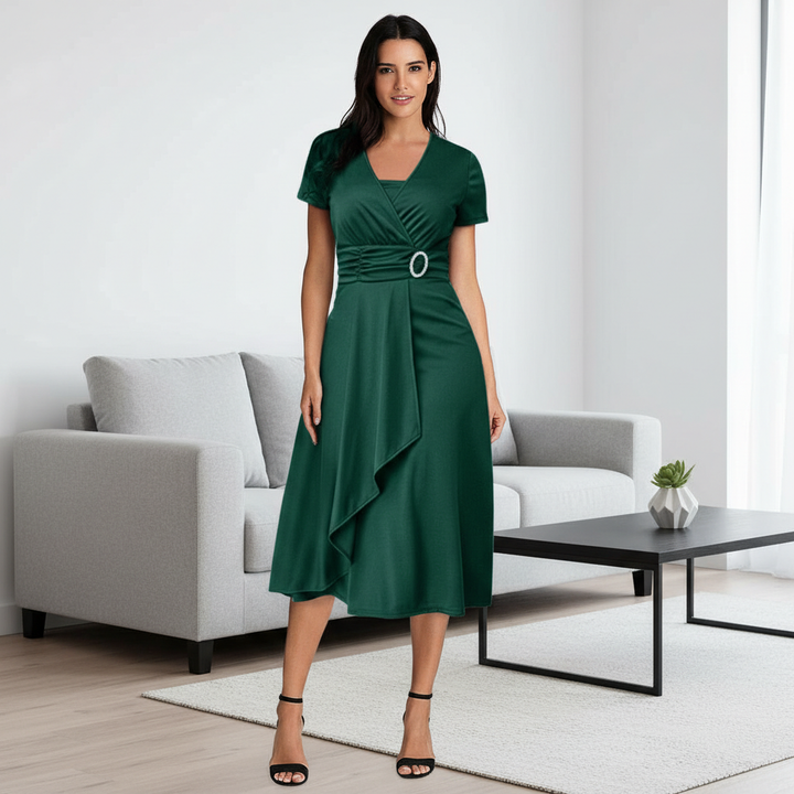 Sexy Asymmetrical V-neck Dress Women's High Waist Mid-length Solid Color Evening Dress