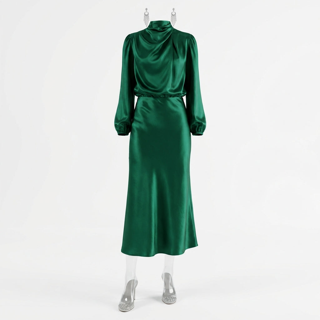 Elegant Temperament Long-sleeved Dress Satin Halterneck Formal Evening Dresses Women Clothing