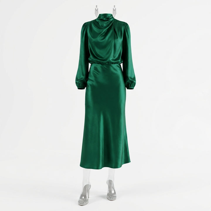 Elegant Temperament Long-sleeved Dress Satin Halterneck Formal Evening Dresses Women Clothing