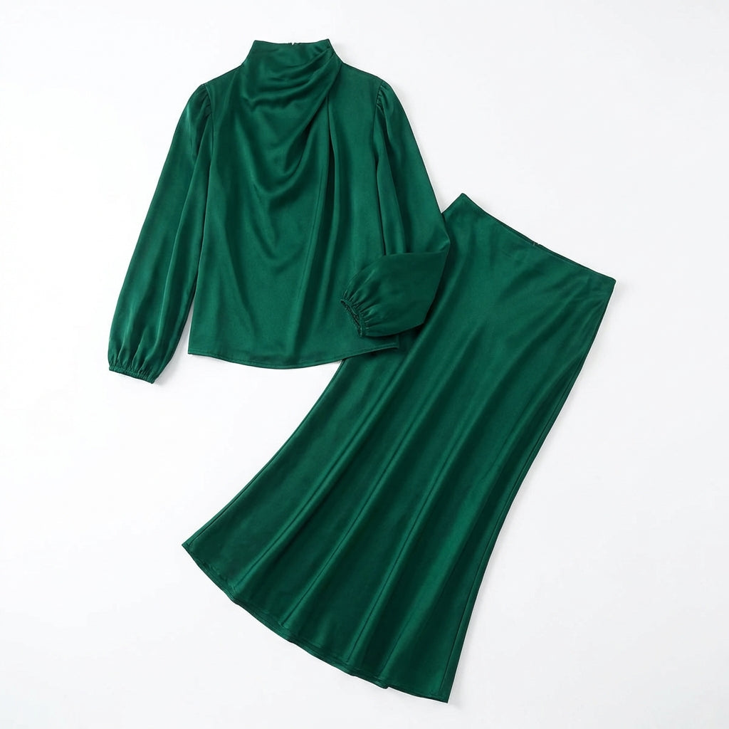 Elegant Temperament Long-sleeved Dress Satin Halterneck Formal Evening Dresses Women Clothing