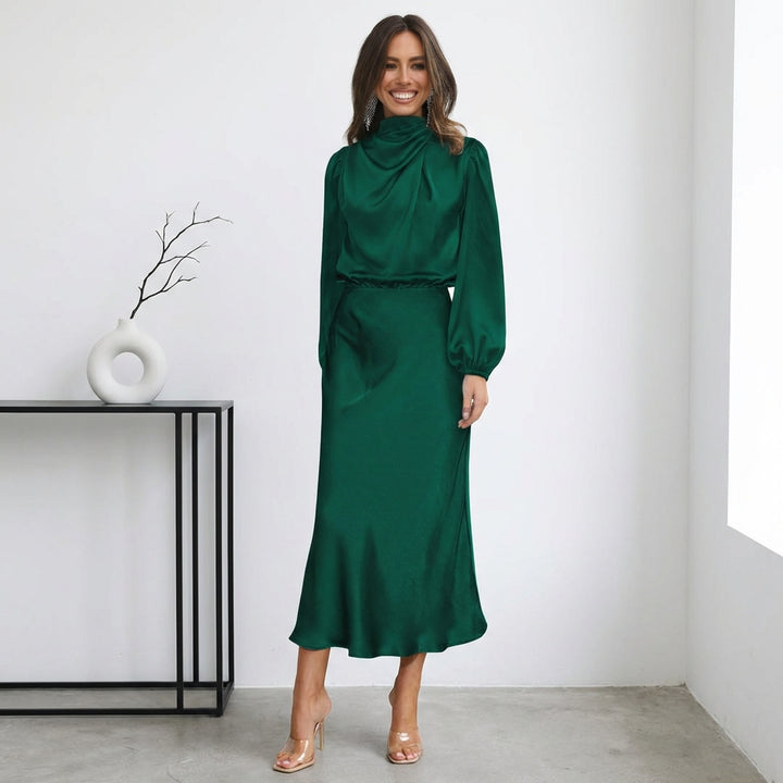 Elegant Temperament Long-sleeved Dress Satin Halterneck Formal Evening Dresses Women Clothing