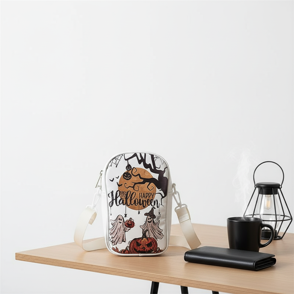 Halloween Graffiti Phone Bag Girls Funny Cartoon Pumpkin Ghost Bat Print Crossbody Bag For Women Mini Personality Creative Shoulder Bags