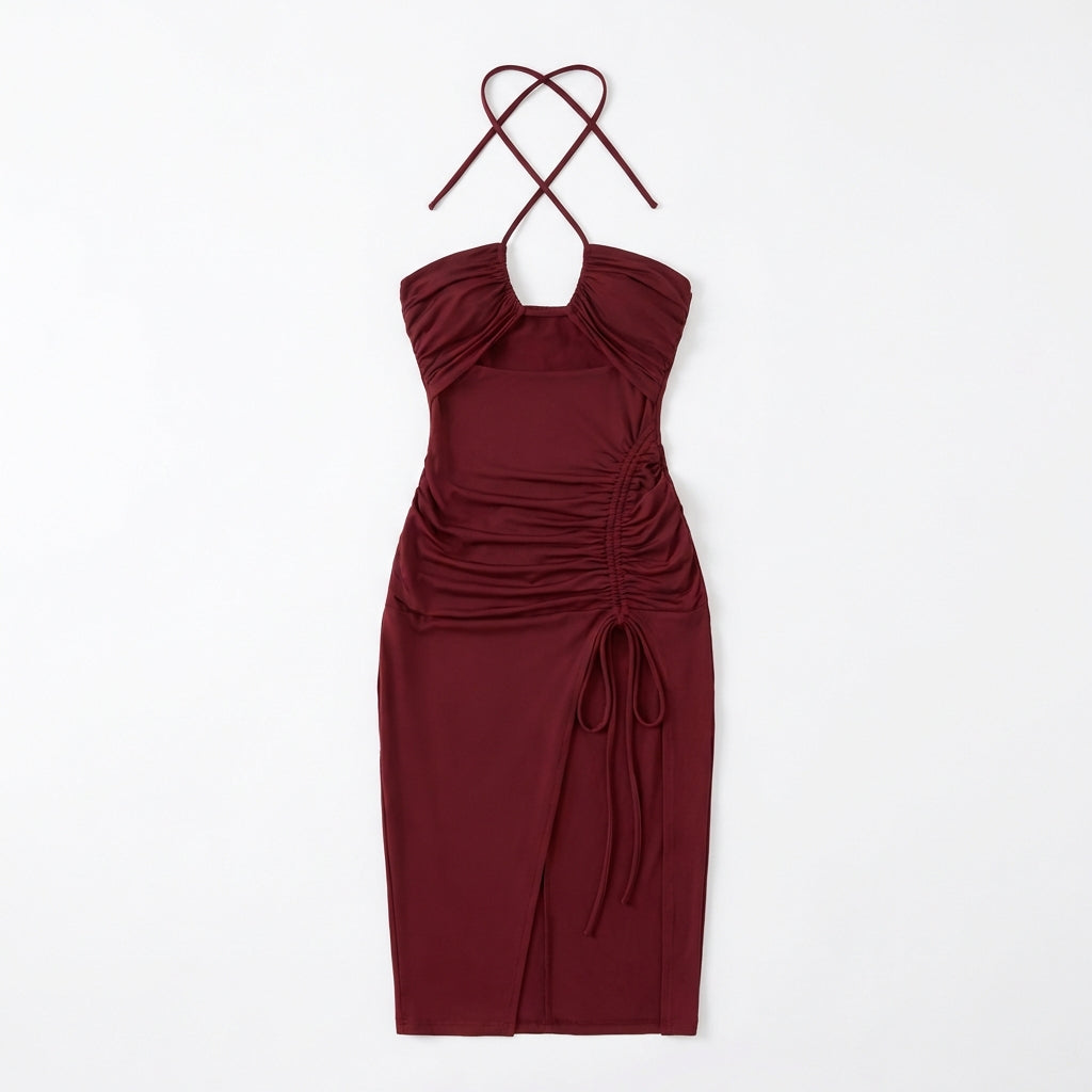 Halterneck Lace-Up Split Maxi Dress