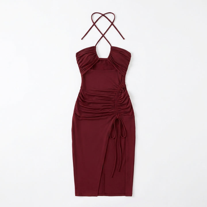 Halterneck Lace-Up Split Maxi Dress